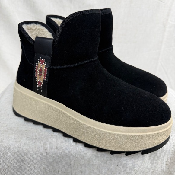 NIB ASH Black Suede Fur Lined Boots US 10.5 women Embroidered Platform Coquette